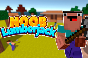 Một nhân vật đồ họa cầm rìu đứng trước cảnh nông thôn màu xanh với chữ Noob Lumberjack lớn ở phía bên trái