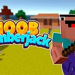 Một nhân vật đồ họa cầm rìu đứng trước cảnh nông thôn màu xanh với chữ Noob Lumberjack lớn ở phía bên trái