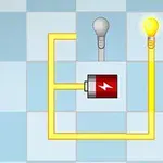 Hình ảnh một mạch điện với một bóng đèn sáng và một bóng đèn tắt, cùng một bình điện trên nền ô vuông màu xanh lam