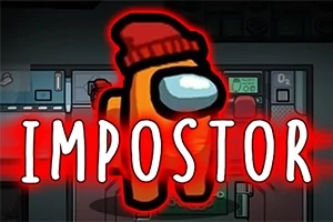 Nhân vật màu cam đội mũ len đỏ với chữ IMPOSTOR trên nền màu đỏ nổi bật