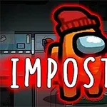 Nhân vật màu cam đội mũ len đỏ với chữ IMPOSTOR trên nền màu đỏ nổi bật