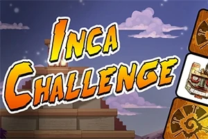 Văn bản màu vàng cam Inca Challenge trên nền hình ảnh kim tự tháp và bầu trời xanh, với các biểu tượng văn hóa Inca xung quanh