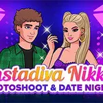 Một cặp nam nữ hoạt hình đứng cạnh nhau với đèn chụp hình màu tím và tiêu đề Instadiva Nikke Photoshoot & Date Night