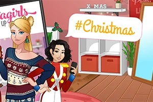 Hai nhân vật hoạt hình trong trang phục Giáng Sinh đứng trong một căn phòng trang trí với bảng hiệu #Christmas