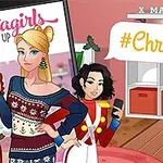 Hai nhân vật hoạt hình trong trang phục Giáng Sinh đứng trong một căn phòng trang trí với bảng hiệu #Christmas