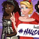 Ba cô gái hóa trang cho lễ Halloween với trang phục và phong cách đa dạng, đứng cạnh dòng chữ Instagirls #HALLOWEEN