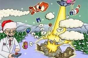 Một cảnh vui nhộn với ông già Noel điều khiển tên lửa, UFO đang bắt cóc đồ vật, và ngôi nhà tuyết bùng nổ với khung cảnh mùa đông và quà tặng bay xung quanh