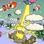 Một cảnh vui nhộn với ông già Noel điều khiển tên lửa, UFO đang bắt cóc đồ vật, và ngôi nhà tuyết bùng nổ với khung cảnh mùa đông và quà tặng bay xung quanh