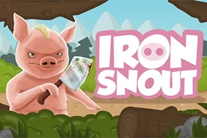 Hình ảnh một chú heo hồng giận dữ cầm dao phay đứng trước phong cảnh rừng và tên IRON SNOUT ở bên cạnh