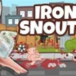 Hình ảnh một chú heo hồng giận dữ cầm dao phay đứng trước phong cảnh rừng và tên IRON SNOUT ở bên cạnh