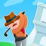 Một nhân vật hoạt hình đội mũ đang đánh bóng golf từ một cái bồn cầu trên nền trời xanh
