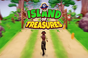 Một nhân vật trong trang phục cướp biển đang chạy trên con đường rừng với logo Island of Treasures nổi bật phía trên