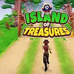 Một nhân vật trong trang phục cướp biển đang chạy trên con đường rừng với logo Island of Treasures nổi bật phía trên