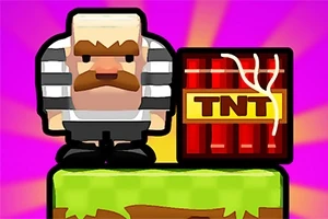 Nhân vật hoạt hình đứng cạnh thùng TNT trên nền màu hồng với bệ cỏ xanh