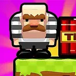 Nhân vật hoạt hình đứng cạnh thùng TNT trên nền màu hồng với bệ cỏ xanh