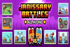 Hình ảnh có nền tím với chữ nổi bật Janissary Battles All in One và các cảnh nhỏ về các nhân vật hoạt hình thi đấu trong nhiều bối cảnh khác nhau