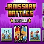 Hình ảnh có nền tím với chữ nổi bật Janissary Battles All in One và các cảnh nhỏ về các nhân vật hoạt hình thi đấu trong nhiều bối cảnh khác nhau