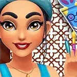 Một nhân vật hoạt hình nữ cười tươi, đội khăn xanh và cầm bút màu bên cạnh một tấm áp phích màu sắc