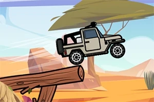 Xe jeep đang bay qua một cây cầu gỗ trong khung cảnh sa mạc