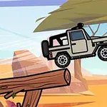 Xe jeep đang bay qua một cây cầu gỗ trong khung cảnh sa mạc