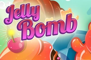 Hình ảnh có chữ Jelly Bomb với các họa tiết thạch nhiều màu sắc và một quả anh đào
