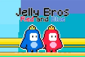 Hai nhân vật hoạt hình màu xanh và đỏ đội vương miện đứng cạnh nhau với chữ Jelly Bros Red and Blue phía trên