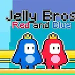 Hai nhân vật hoạt hình màu xanh và đỏ đội vương miện đứng cạnh nhau với chữ Jelly Bros Red and Blue phía trên