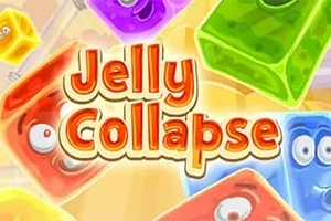 Các khối thạch nhiều màu sắc với đôi mắt hoạt hình xung quanh dòng chữ Jelly Collapse