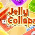 Các khối thạch nhiều màu sắc với đôi mắt hoạt hình xung quanh dòng chữ Jelly Collapse