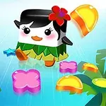 Nhân vật hoạt hình ngộ nghĩnh đội tóc giả, mặc váy và hoa tai đỏ, đang đứng giữa các khối hình đầy màu sắc với khung cảnh nhiệt đới