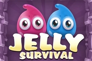 Hai nhân vật thạch màu hồng và xanh với đôi mắt to trên nền tím, cùng tiêu đề chữ Jelly Survival