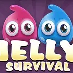 Hai nhân vật thạch màu hồng và xanh với đôi mắt to trên nền tím, cùng tiêu đề chữ Jelly Survival