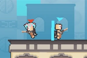 Hai nhân vật pixel với mái tóc xanh và mũi tên màu đỏ, cùng nhân vật khác đội mũi tên màu xanh dương, cầm vũ khí đứng trên mái nhà trong nền màu xanh