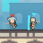 Hai nhân vật pixel với mái tóc xanh và mũi tên màu đỏ, cùng nhân vật khác đội mũi tên màu xanh dương, cầm vũ khí đứng trên mái nhà trong nền màu xanh