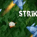 Máy bay chiến đấu màu xanh bay trên nền rừng xanh với từ STRIKE được viết ở góc phải