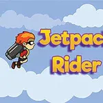 Hai nhân vật hoạt hình đeo jetpack bay trên bầu trời với mây trắng xung quanh và dòng chữ Jetpack Rider ở giữa