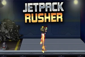 Một nhân vật đang bay bằng thiết bị phản lực trong không gian tối, với chữ Jetpack Rusher nổi bật phía trên