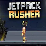 Một nhân vật đang bay bằng thiết bị phản lực trong không gian tối, với chữ Jetpack Rusher nổi bật phía trên