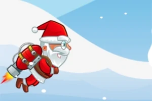 Ông già Noel đang bay với jetpack trên nền trời xanh có tuyết rơi