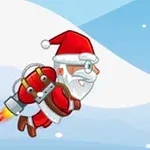 Ông già Noel đang bay với jetpack trên nền trời xanh có tuyết rơi