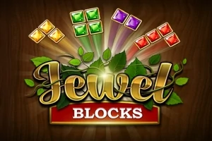 Những viên ngọc màu sắc rực rỡ xếp thành hình khối trên nền gỗ với chữ Jewel Blocks được trang trí bởi lá cây xanh