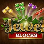 Những viên ngọc màu sắc rực rỡ xếp thành hình khối trên nền gỗ với chữ Jewel Blocks được trang trí bởi lá cây xanh