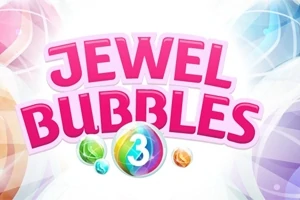 Logo với chữ Jewel Bubbles màu hồng và số 3 bên trong viên ngọc nhiều màu sắc trên nền sáng với các viên ngọc xung quanh