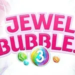 Logo với chữ Jewel Bubbles màu hồng và số 3 bên trong viên ngọc nhiều màu sắc trên nền sáng với các viên ngọc xung quanh