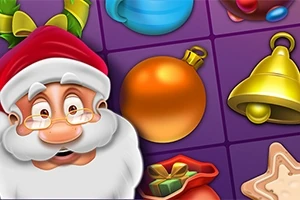 Ông già Noel với nền là các đồ vật trang trí Giáng sinh như quả cầu, chuông vàng và gói quà
