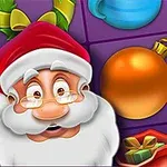 Ông già Noel với nền là các đồ vật trang trí Giáng sinh như quả cầu, chuông vàng và gói quà