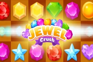 Các viên đá quý nhiều màu sắc được sắp xếp trên nền ô vuông có dòng chữ Jewel Crush nổi bật ở giữa