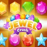 Các viên đá quý nhiều màu sắc được sắp xếp trên nền ô vuông có dòng chữ Jewel Crush nổi bật ở giữa