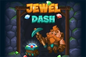 Một người thợ mỏ hoạt hình đứng cạnh xe chứa đầy đá quý phát sáng, với chữ Jewel Dash ở phía trên