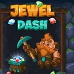Một người thợ mỏ hoạt hình đứng cạnh xe chứa đầy đá quý phát sáng, với chữ Jewel Dash ở phía trên